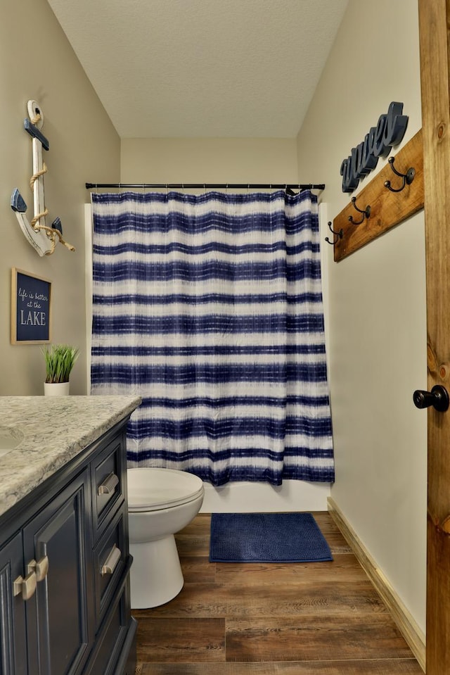 bathroom with vanity, toilet, wood finished floors, and curtained shower