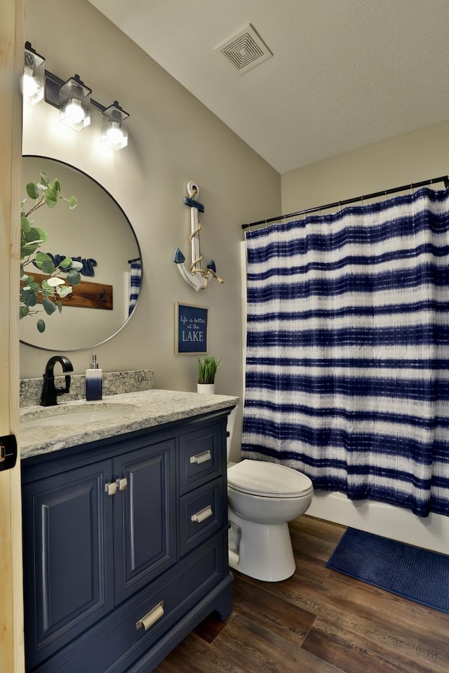 bathroom with vanity, wood finished floors, and toilet
