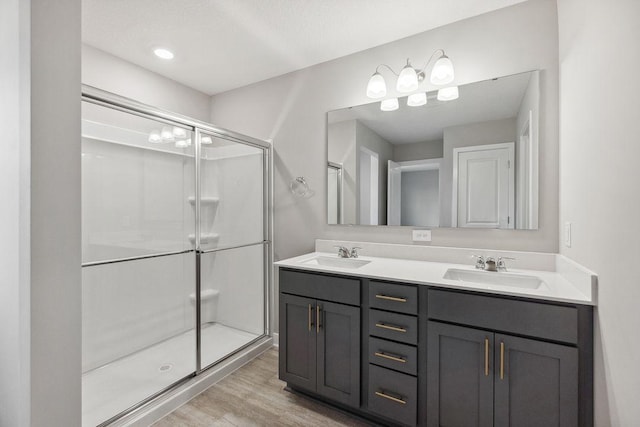 bathroom with wood finished floors, a sink, and a shower stall