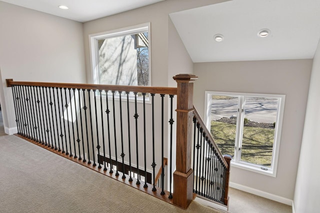 5610 Burl Oaks Ct, Minnetrista, MN 55364 - corridor featuring an upstairs landing, carpet flooring, healthy amount of natural light, baseboards, and recessed lighting