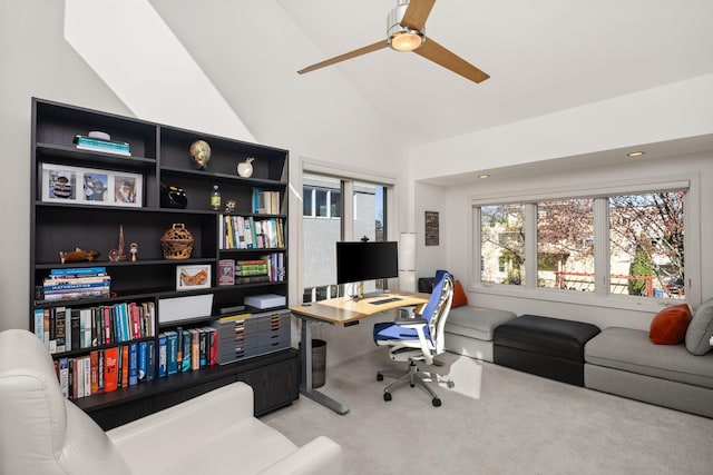3710 Vincent Ave S, Minneapolis, MN 55410 - office area featuring ceiling fan, carpet floors, and high vaulted ceiling