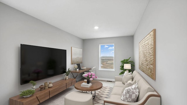 living area with baseboards, carpet flooring, and recessed lighting