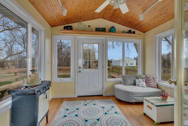 1205 Melvina Rd SW, Alexandria, MN 56308 - sunroom featuring track lighting, wood ceiling, vaulted ceiling, and wood finished floors