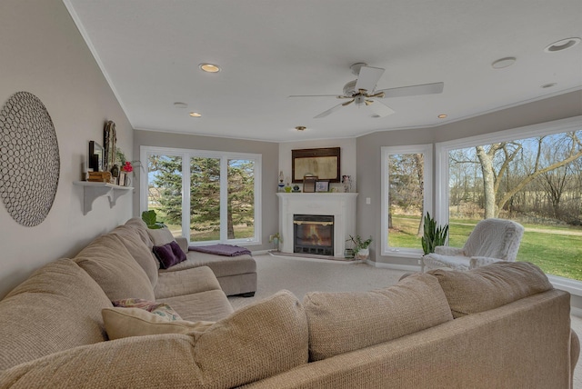 1205 Melvina Rd SW, Alexandria, MN 56308 - living room featuring carpet floors, a ceiling fan, a glass covered fireplace, and plenty of natural light