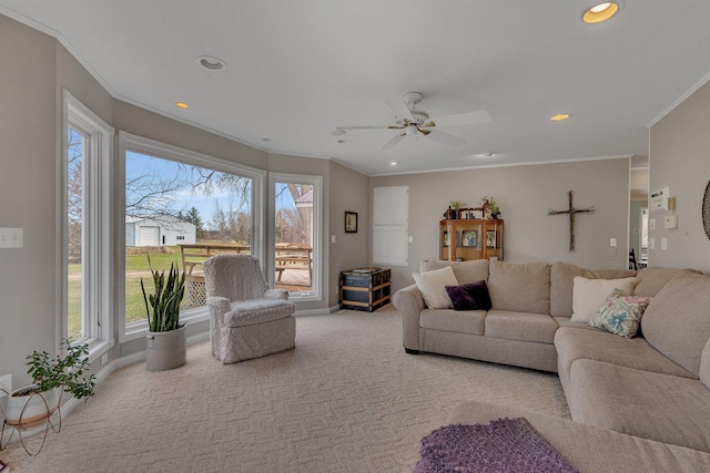1205 Melvina Rd SW, Alexandria, MN 56308 - living room featuring ornamental molding, carpet, recessed lighting, and ceiling fan