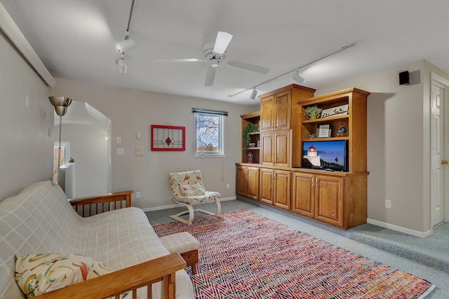 1205 Melvina Rd SW, Alexandria, MN 56308 - living room featuring baseboards, ceiling fan, light carpet, and rail lighting