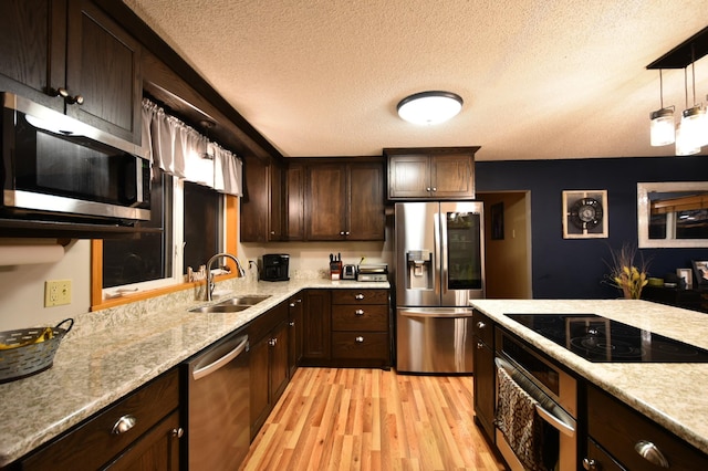 1164 Hawthorn St, Red Wing, MN 55066 - kitchen featuring stainless steel appliances, a sink, light wood-type flooring, dark brown cabinets, and a textured ceiling