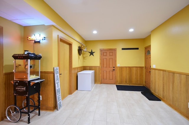 1164 Hawthorn St, Red Wing, MN 55066 - washroom with a wainscoted wall, wooden walls, and recessed lighting