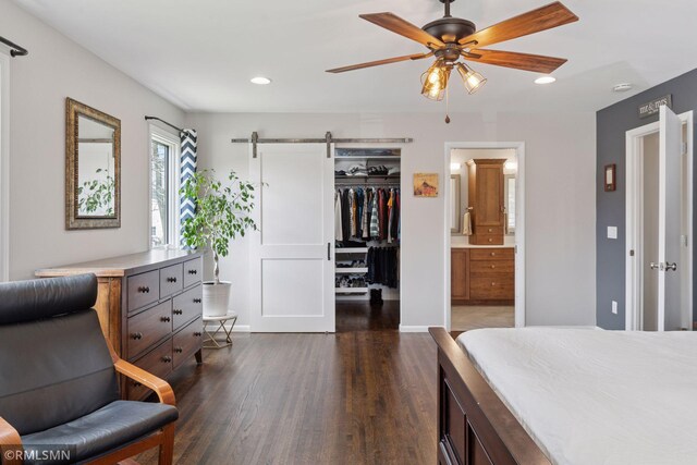 bedroom featuring a closet, a walk in closet, dark wood-type flooring, a barn door, and recessed lighting