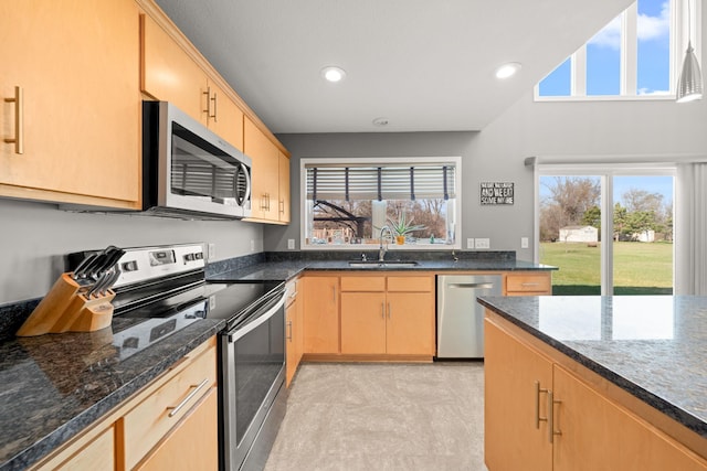 5214 381st Ln, North Branch, MN 55056 - kitchen featuring dark stone counters, stainless steel appliances, light brown cabinets, and a sink