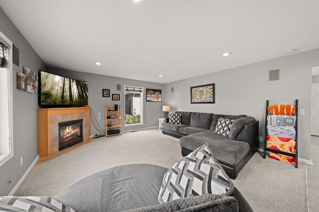 5214 381st Ln, North Branch, MN 55056 - carpeted living room featuring recessed lighting, visible vents, baseboards, and a fireplace
