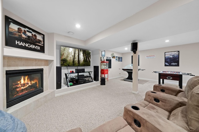 5214 381st Ln, North Branch, MN 55056 - carpeted living room featuring a fireplace, recessed lighting, and baseboards