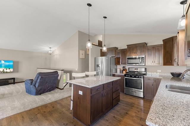 1101 8th Ave SW, Isanti, MN 55040 - kitchen featuring appliances with stainless steel finishes, a sink, lofted ceiling, open floor plan, and a kitchen island