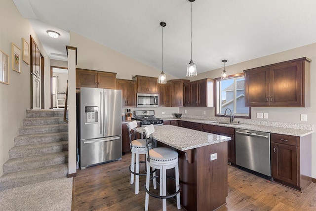 1101 8th Ave SW, Isanti, MN 55040 - kitchen featuring appliances with stainless steel finishes, a sink, dark wood-style flooring, a kitchen breakfast bar, and lofted ceiling