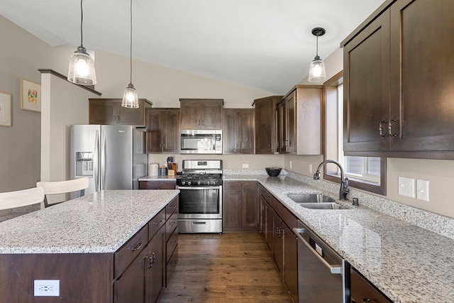 1101 8th Ave SW, Isanti, MN 55040 - kitchen featuring appliances with stainless steel finishes, a sink, dark brown cabinets, dark wood-style floors, and vaulted ceiling