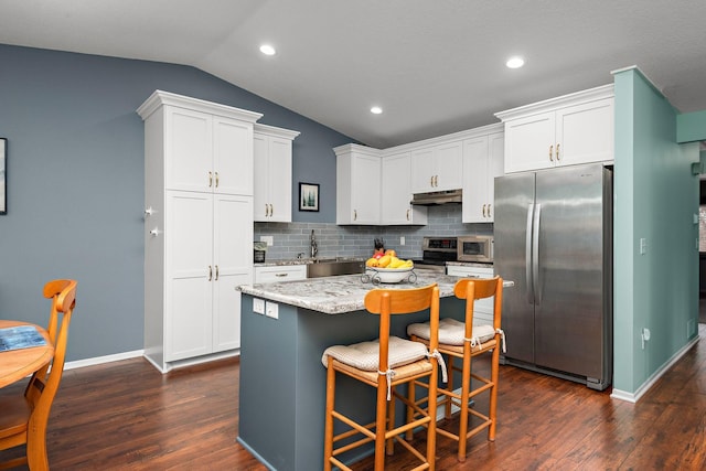 kitchen featuring under cabinet range hood, dark wood finished floors, backsplash, vaulted ceiling, and stainless steel appliances