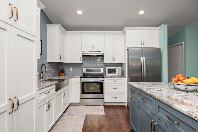 kitchen with appliances with stainless steel finishes, white cabinetry, tasteful backsplash, under cabinet range hood, and dark wood-type flooring