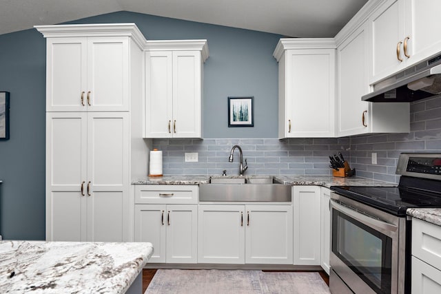 kitchen featuring under cabinet range hood, white cabinetry, stainless steel electric stove, and a sink