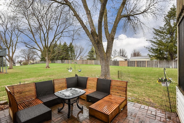 view of patio / terrace featuring a fenced backyard and an outdoor hangout area