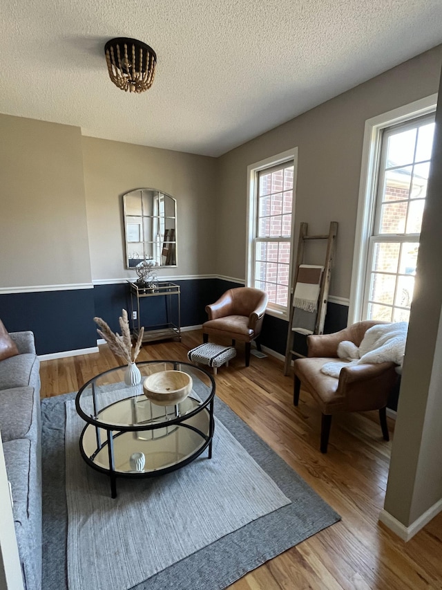 living room featuring a textured ceiling and wood finished floors