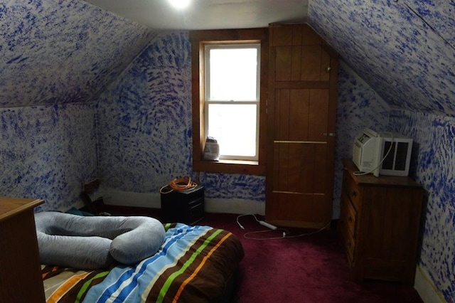 338 40th St, Clear Lake, WI 54005 - carpeted bedroom featuring wallpapered walls, lofted ceiling, and a wall mounted AC