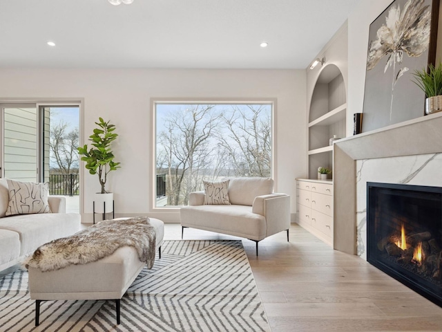 5010 Millie Rd SW, Rochester, MN 55902 - living area with recessed lighting, built in features, wood finished floors, and a fireplace
