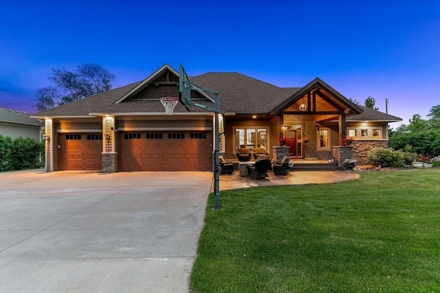 3420 Fairview Ave N, Arden Hills, MN 55112 - view of front of home featuring an attached garage, a front lawn, driveway, stone siding, and roof with shingles