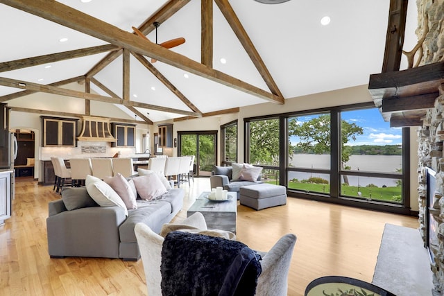 3420 Fairview Ave N, Arden Hills, MN 55112 - living room featuring high vaulted ceiling, beam ceiling, recessed lighting, a water view, and light wood-style flooring