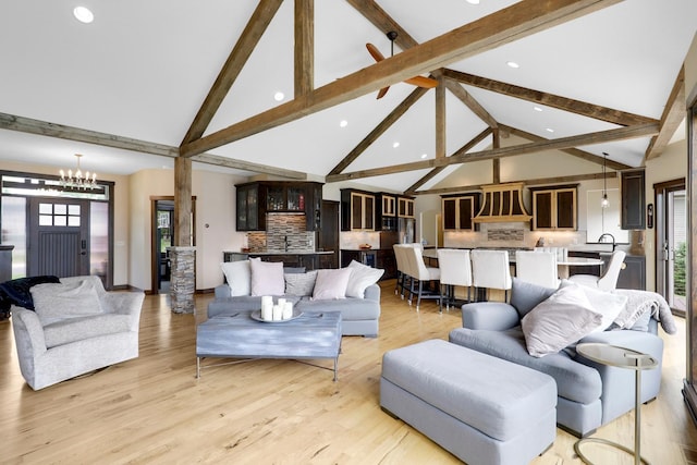 3420 Fairview Ave N, Arden Hills, MN 55112 - living room featuring high vaulted ceiling, beam ceiling, a chandelier, recessed lighting, and light wood-type flooring