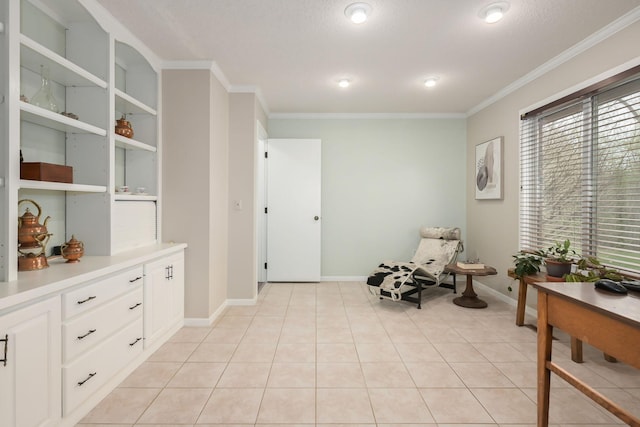 living area featuring ornamental molding, baseboards, and light tile patterned flooring