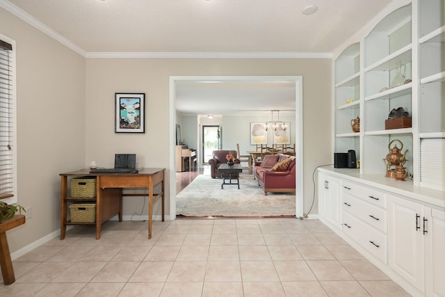 home office with crown molding, baseboards, light tile patterned floors, and a chandelier