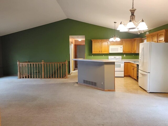 kitchen with a notable chandelier, white appliances, light colored carpet, and lofted ceiling