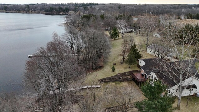 birds eye view of property with a water view and a forest view