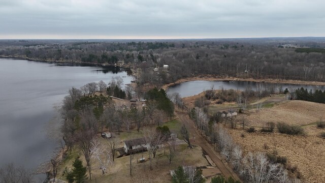 aerial view featuring a water view and a wooded view
