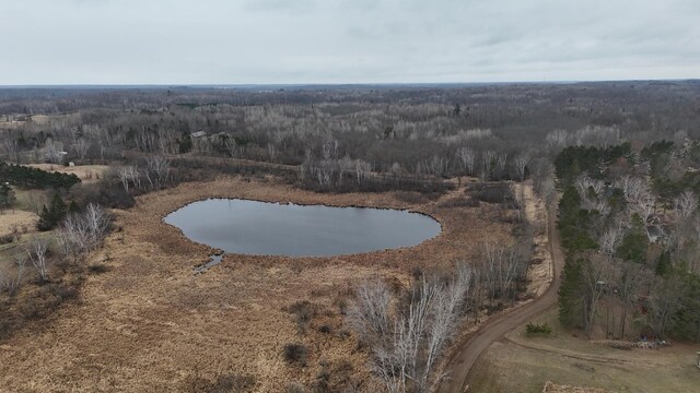aerial view with a forest view and a water view