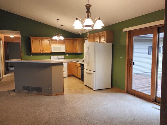kitchen featuring light colored carpet, white appliances, a chandelier, vaulted ceiling, and visible vents