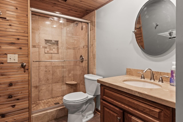 full bath with vanity, wood ceiling, a shower stall, and toilet