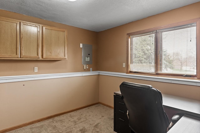office featuring baseboards, electric panel, and light carpet