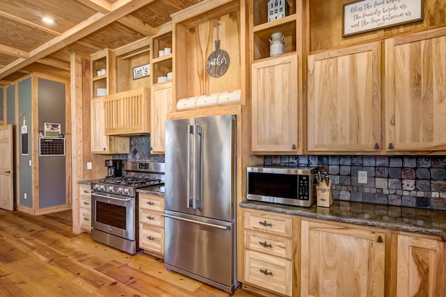 546 315th St, Cady Twp, WI 54749 - kitchen featuring light brown cabinets, open shelves, stainless steel appliances, and backsplash