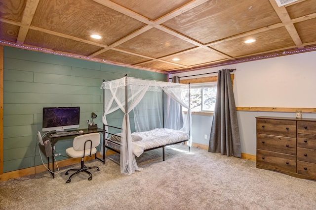 546 315th St, Cady Twp, WI 54749 - carpeted bedroom with coffered ceiling, recessed lighting, a desk, and wooden ceiling