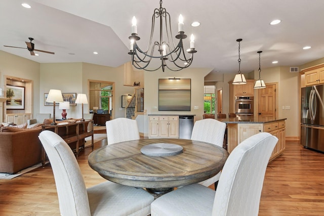 7250 Jubert Ln, Corcoran, MN 55340 - dining room with light wood-style floors, healthy amount of natural light, ceiling fan, and recessed lighting