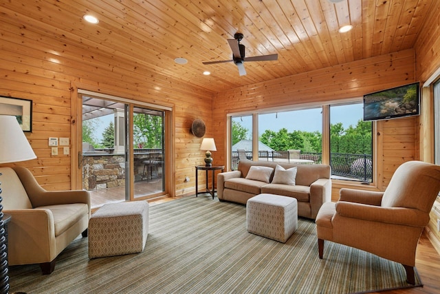 7250 Jubert Ln, Corcoran, MN 55340 - living area with recessed lighting, ceiling fan, wooden walls, and wood ceiling