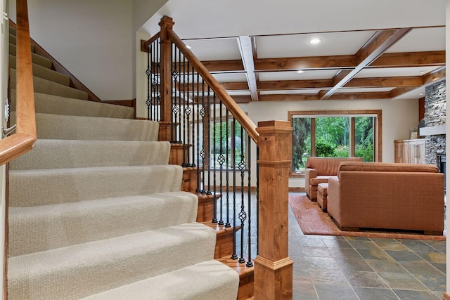 7250 Jubert Ln, Corcoran, MN 55340 - staircase with recessed lighting, beamed ceiling, coffered ceiling, and stone finish flooring