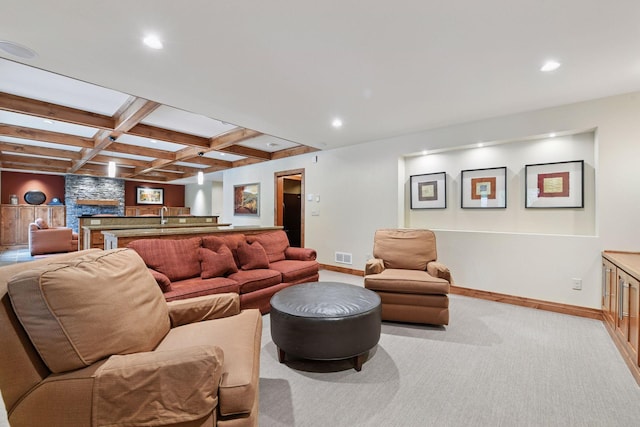 7250 Jubert Ln, Corcoran, MN 55340 - living area featuring baseboards, beam ceiling, recessed lighting, carpet, and coffered ceiling