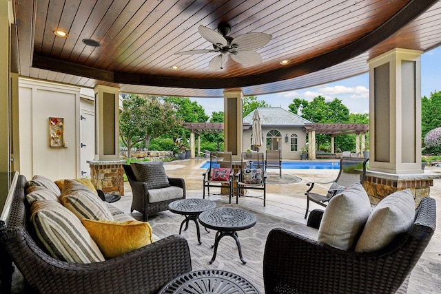 7250 Jubert Ln, Corcoran, MN 55340 - view of patio featuring a pergola, outdoor lounge area, an exterior structure, an outdoor pool, and a ceiling fan