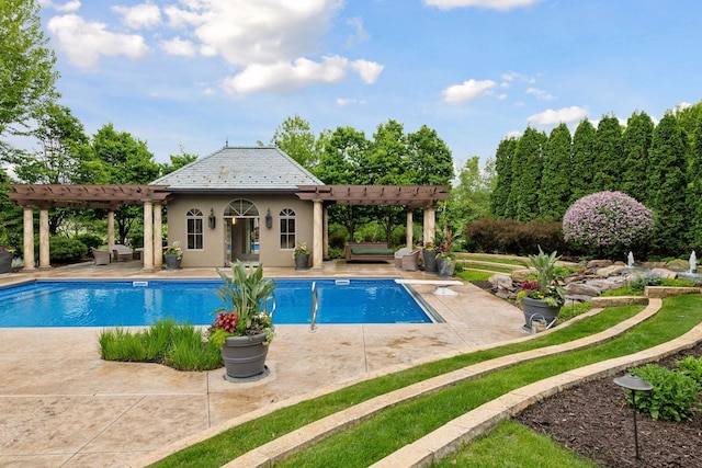 7250 Jubert Ln, Corcoran, MN 55340 - swimming pool with an exterior structure, a pergola, an outbuilding, and a patio