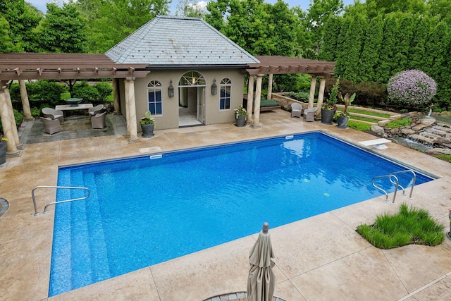 7250 Jubert Ln, Corcoran, MN 55340 - swimming pool featuring a pergola, an exterior structure, an outdoor structure, and a patio