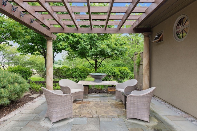 7250 Jubert Ln, Corcoran, MN 55340 - view of patio / terrace featuring a pergola and view of wooded area