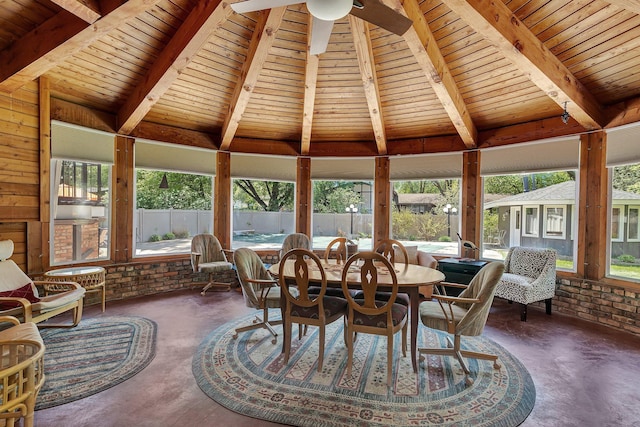 sunroom / solarium featuring ceiling fan, outdoor dining area, wood ceiling, and concrete floors