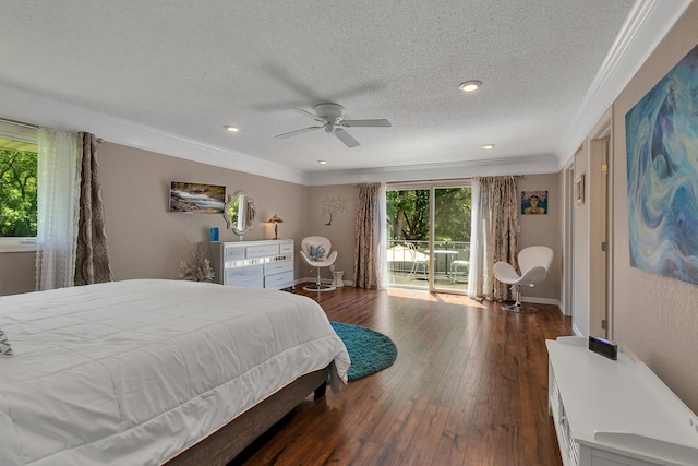 bedroom featuring access to exterior, crown molding, a textured ceiling, dark wood-type flooring, and ceiling fan